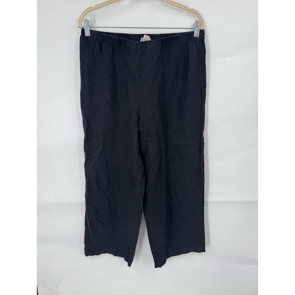 Hot‎ Cotton Black 100% Linen Elastic Waist Straight Leg Pants Womens Small USA